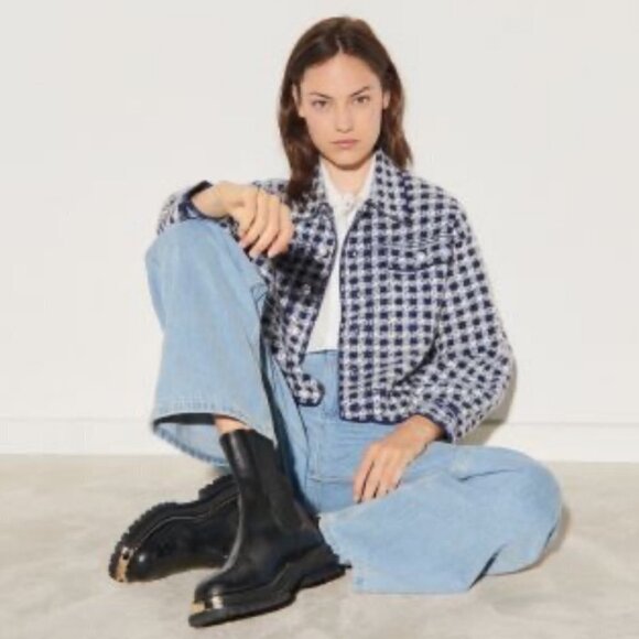 💕SANDRO💕 Jayce Checkered Tweed Jacket ~ Blue & White Print Pearl Buttons Small - Picture 1 of 16